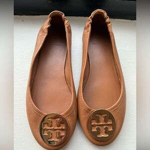 Tory Burch Camel Leather Ballet Flats with Gold Emblem